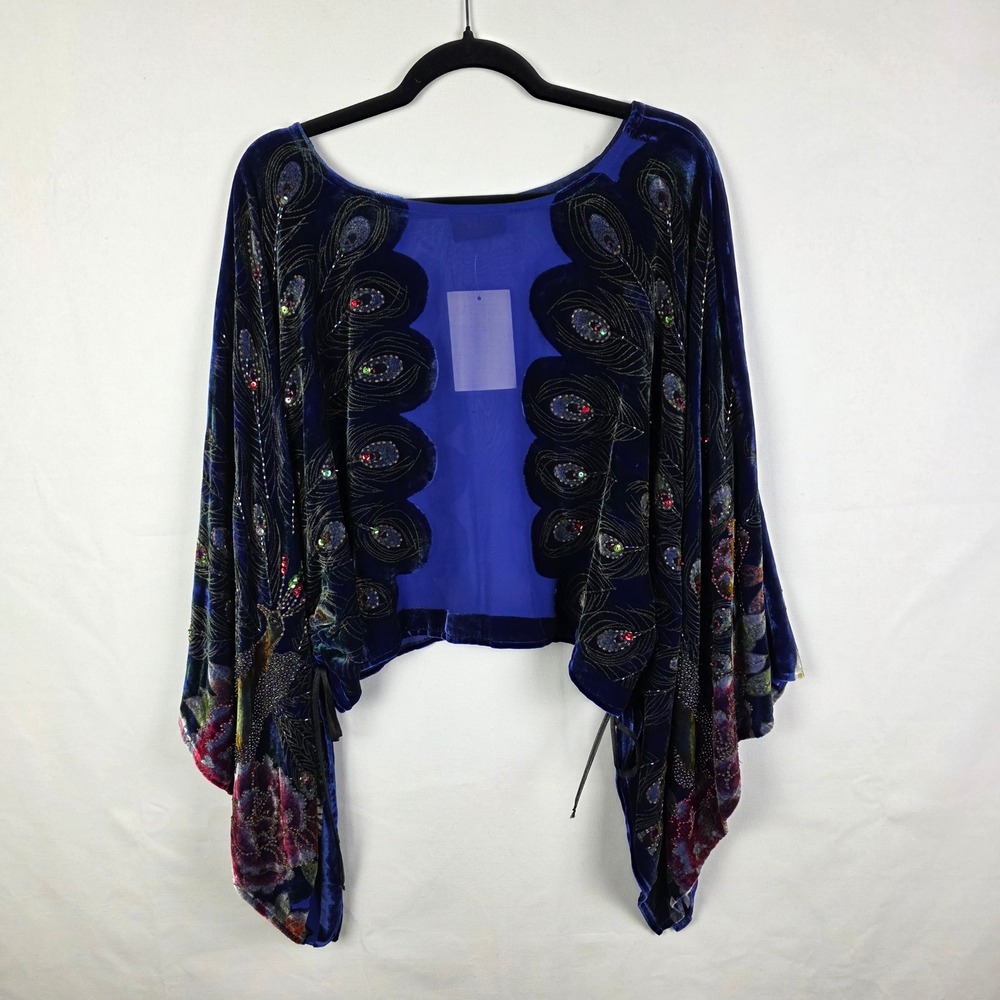 Mina Collection Royal Blue Velvet Peacock Beaded Sequin Kimono Wrap MR500 OS NWT